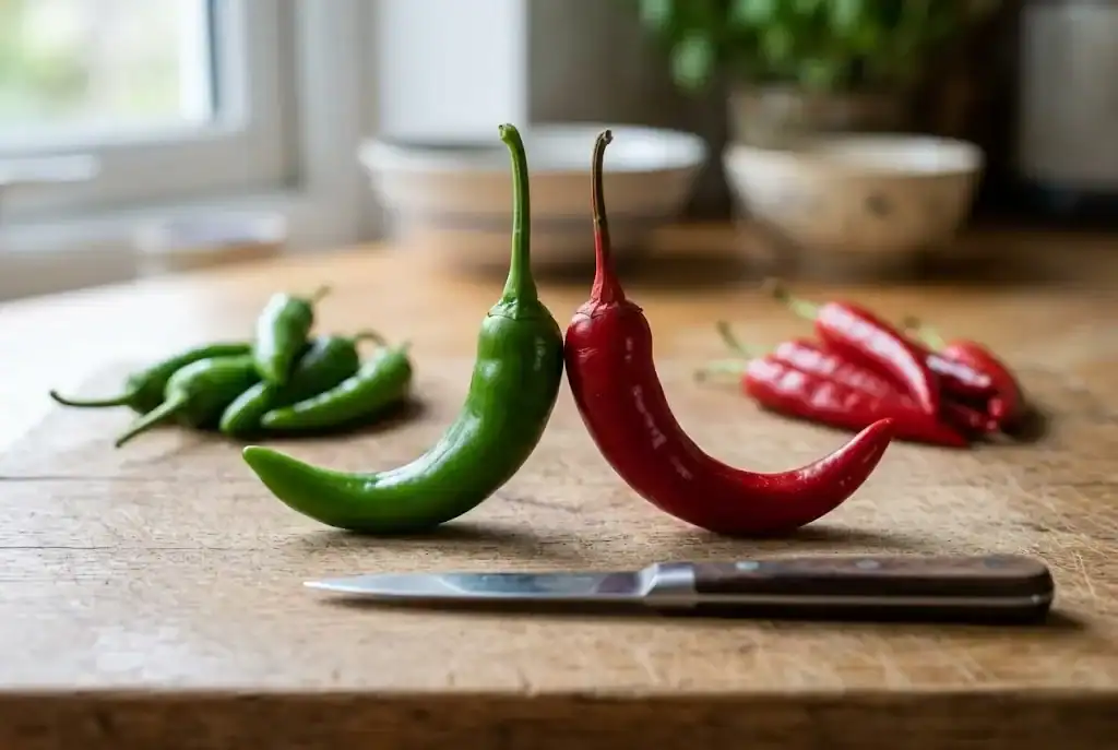Side by side comparison of an unripe green chili pepper and a ripe red chili pepper of the same variety resting on a wooden cutting board