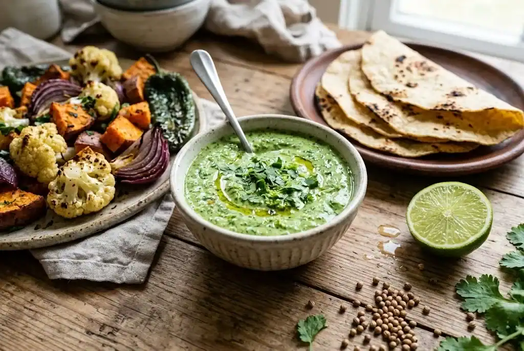 Green yogurt sauce served with roasted vegetables, tortillas, lime, and whole seeds