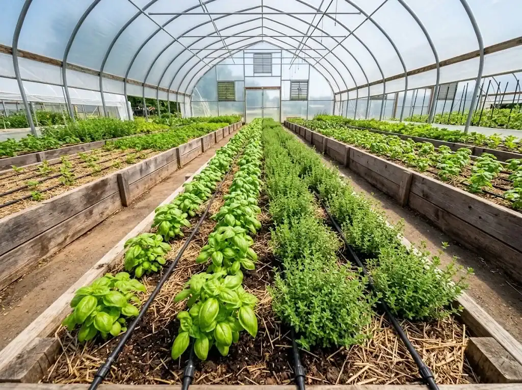Sunlit greenhouse hoophouse with raised beds, drip irrigation, and thriving herb crops