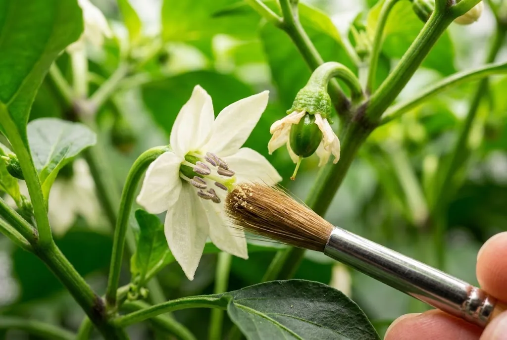 Soft artist watercolor brush hand-pollinating a white indoor chili blossom beside a swelling young pepper pod