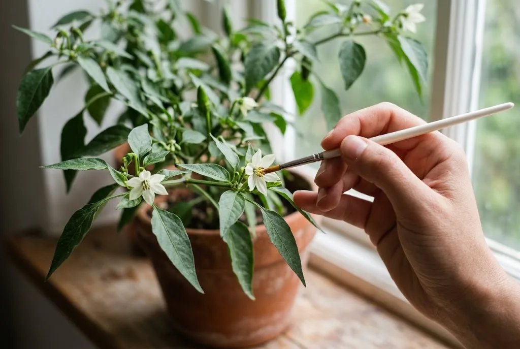 Hand holding a small clean paint brush touching an open chili flower on a leafy plant