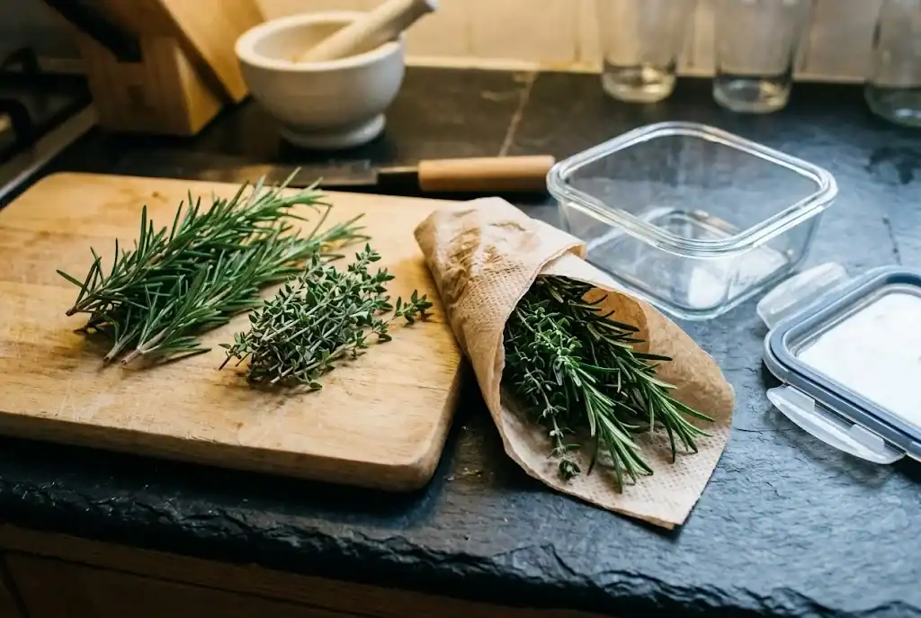 Fresh rosemary and thyme sprigs wrapped in a damp paper towel beside an airtight glass refrigerator container