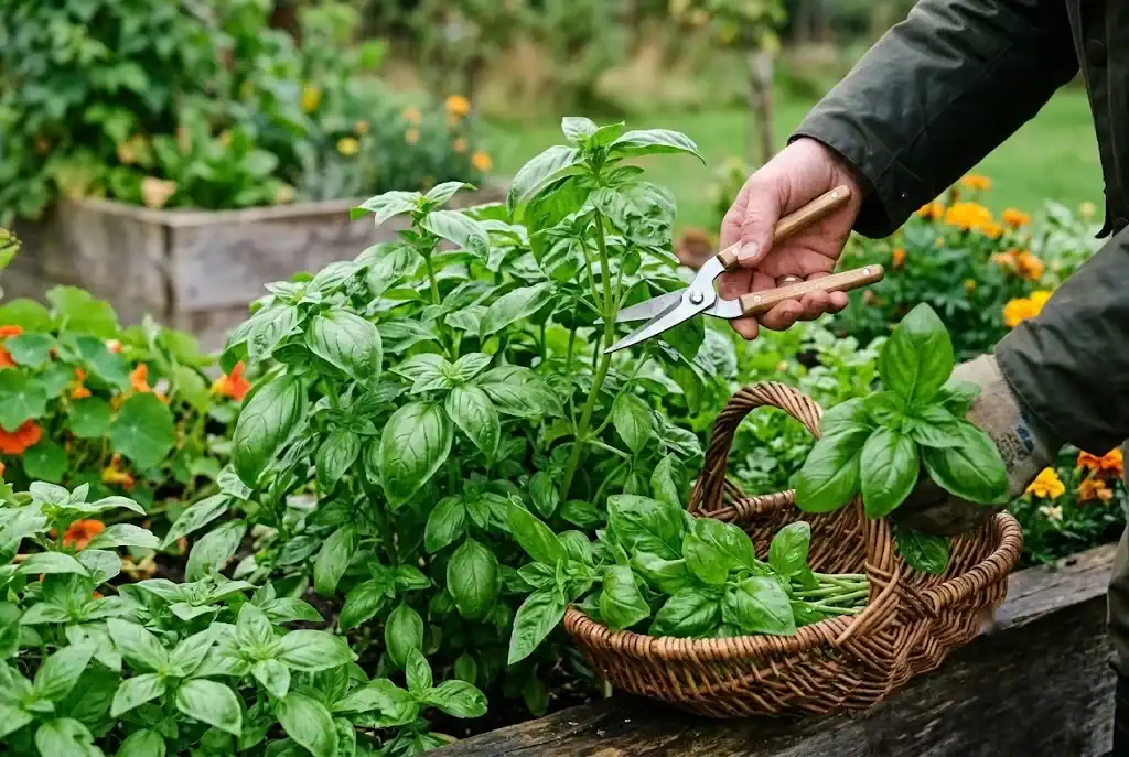 Garden snips harvesting a few basil stems into a shallow basket