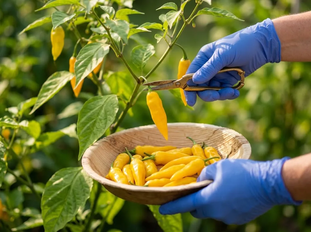Gloved hands using brass snips to harvest ripe yellow Fatalii peppers from a leafy chinense plant into a palm basket