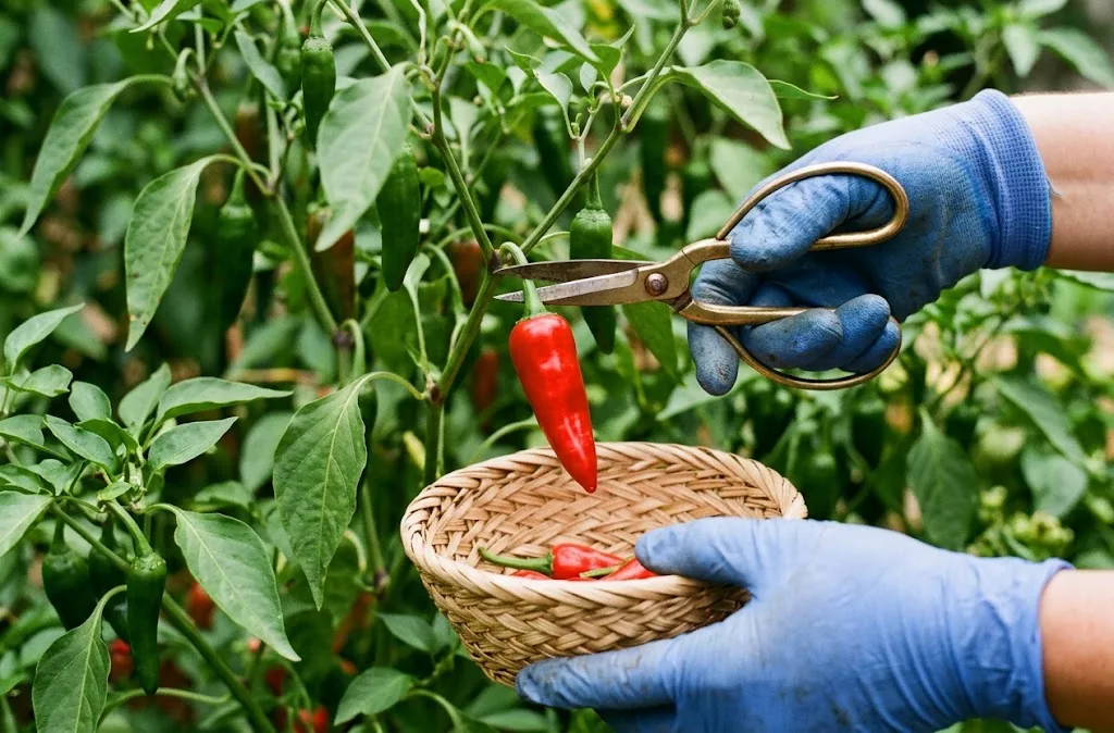 Gloved hand using snips to cut a ripe red Fresno pepper from the plant