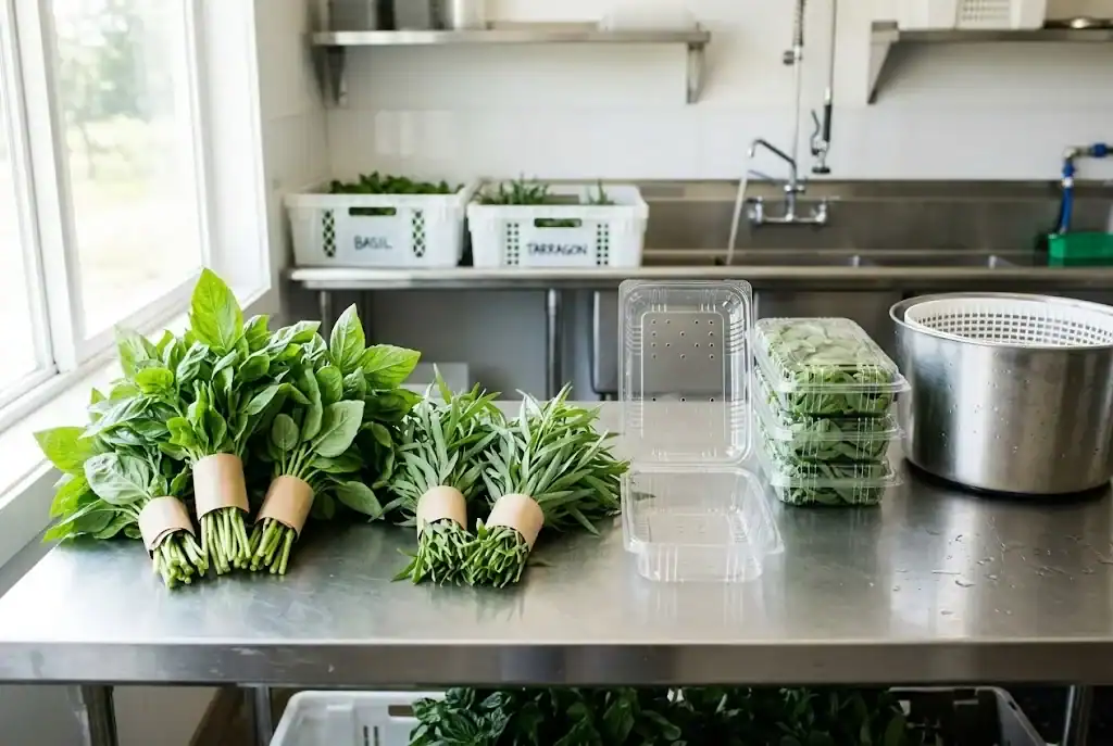Uniform fresh-cut bunches of sweet basil and French tarragon with paper wraps and clear vented clamshell packaging