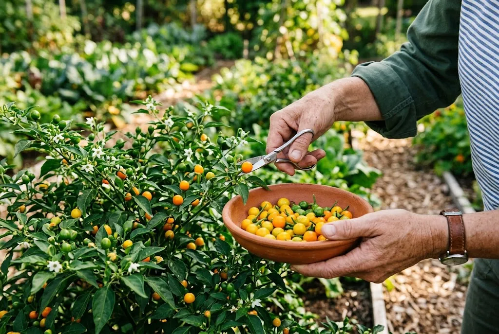 Small ripe yellow peppers being snipped from a plant into a bowl