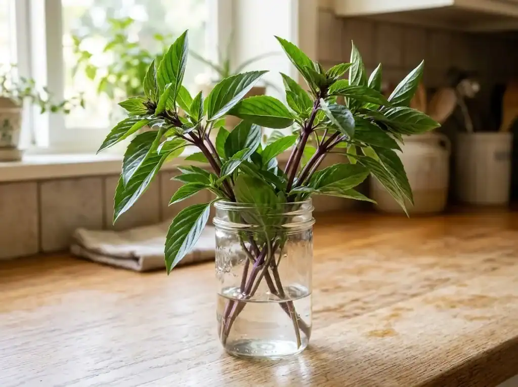 Fresh cut Asian basil stems arranged like a bouquet in a glass jar of room-temperature water on a kitchen counter