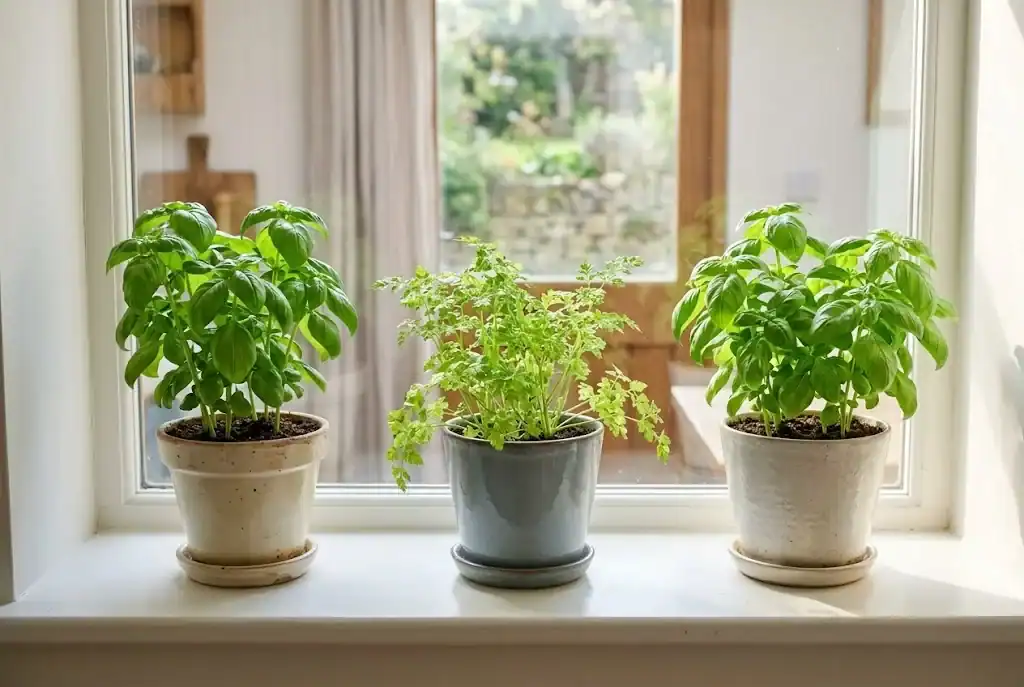 Three glazed ceramic pots of basil and chervil thriving on a sun-drenched white indoor windowsill