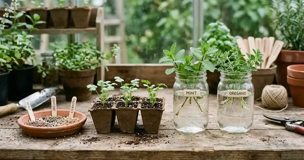 Herb propagation workbench with seeds, sprouted cilantro seedling cell, and rooting cuttings of mint and oregano in water
