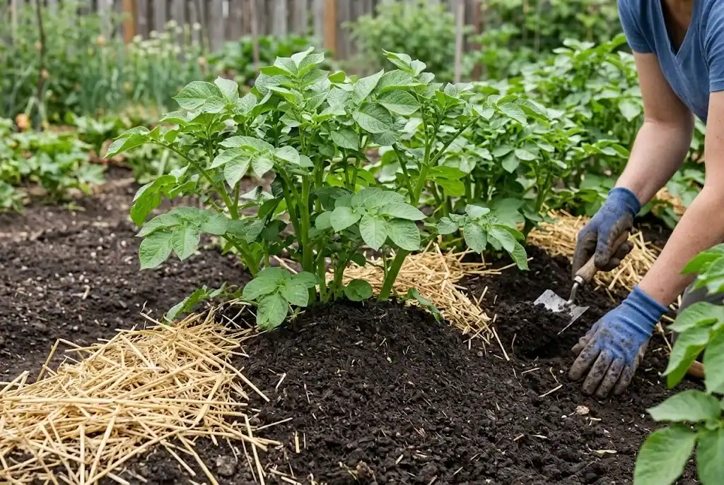 Soil and straw mulch mounded around the base of growing potato stems