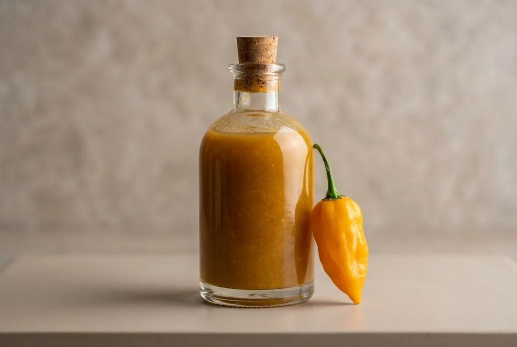 Clear glass bottle of golden datil pepper hot sauce with ripe whole yellow-orange datil on stone slab