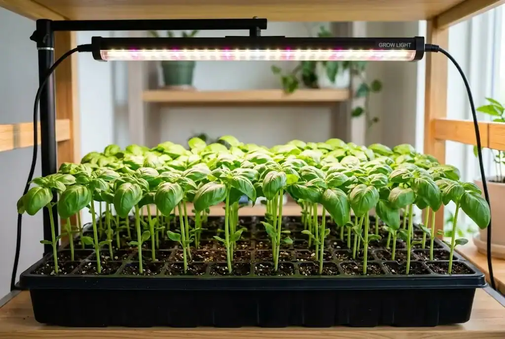 Vibrant green sweet basil seedlings thriving under an adjustable full-spectrum LED grow light fixture