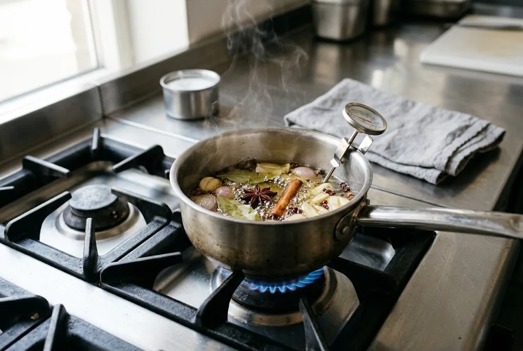 Small stainless saucepan of shimmering oil on a low blue gas flame with star anise cinnamon stick bay leaves Sichuan peppercorns smashed garlic and sliced shallot infusing thin wisps of steam rising