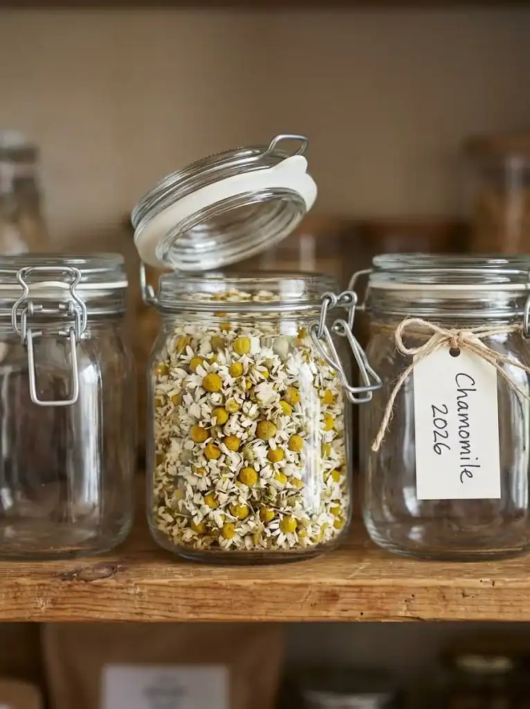 Three labeled glass jars of dried chamomile on a pantry shelf, the center jar open to show whole blossoms