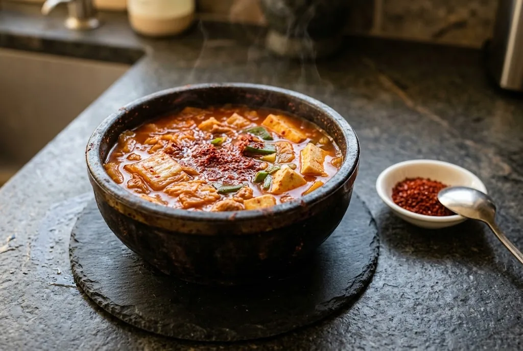 Stone pot of kimchi jjigae with brick-red broth showing coarse gochugaru flakes on the surface
