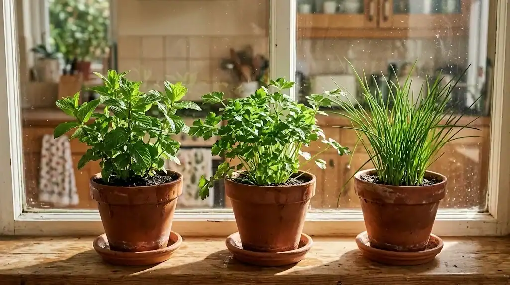 Potted mint, parsley, and chives on a bright windowsill in direct sunlight