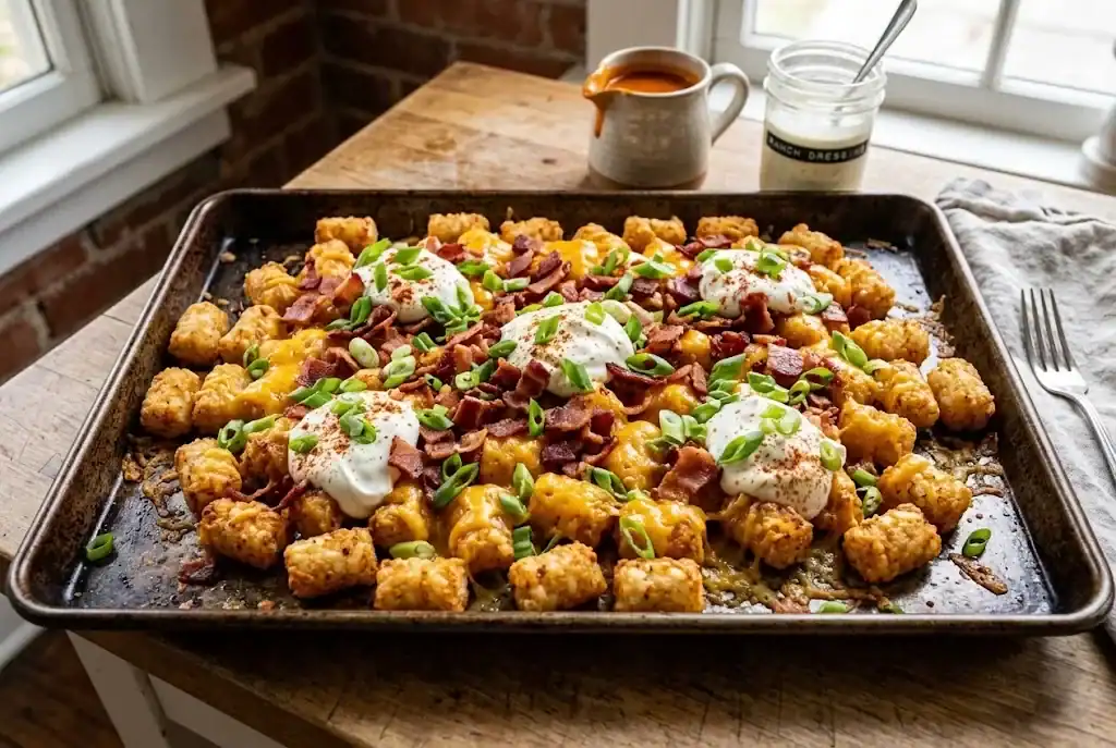 Loaded tater tots on a sheet pan topped with melted sharp cheddar, bacon, sour cream, and green onion