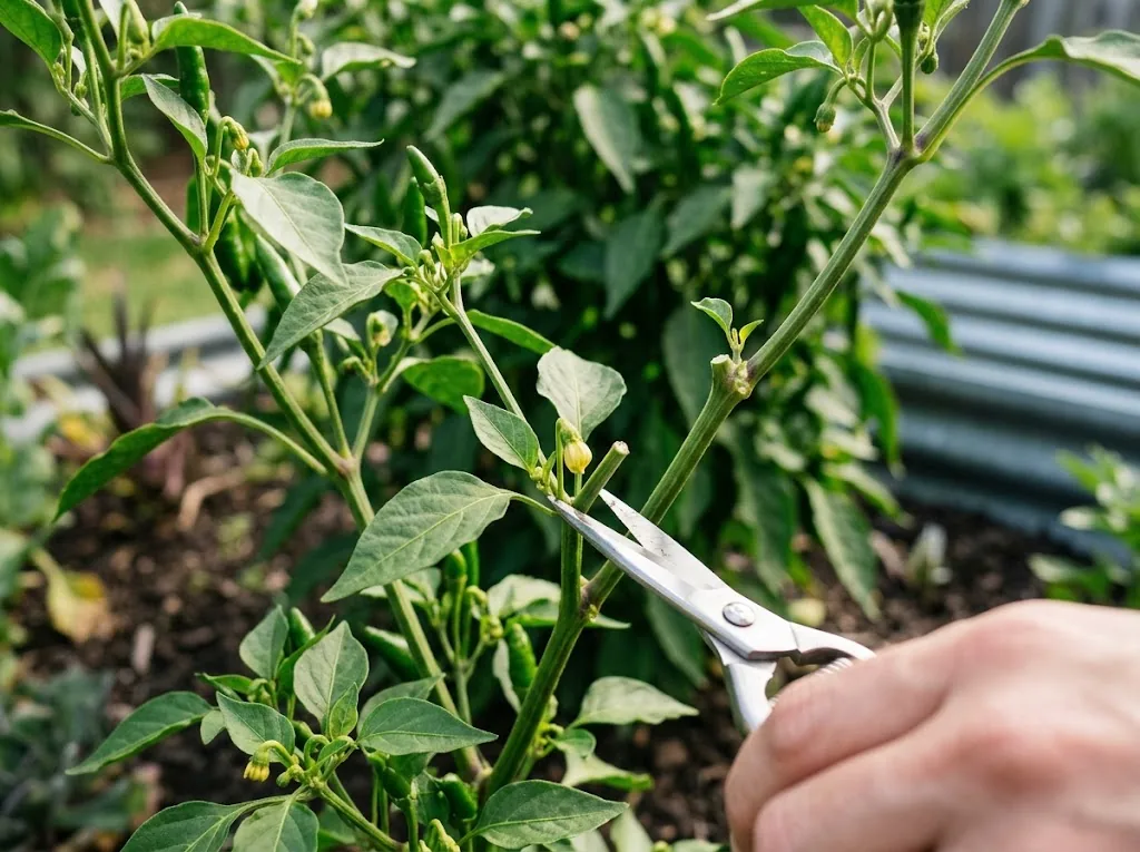 Fine bypass pruning snips making a clean angled cut through a side branch of a mature fruiting chili plant in a raised bed, about five millimeters above a leaf node where a small flower bud is forming.