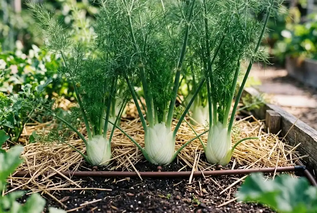 Golden straw mulch spread around healthy green Florence fennel stems along a drip irrigation line