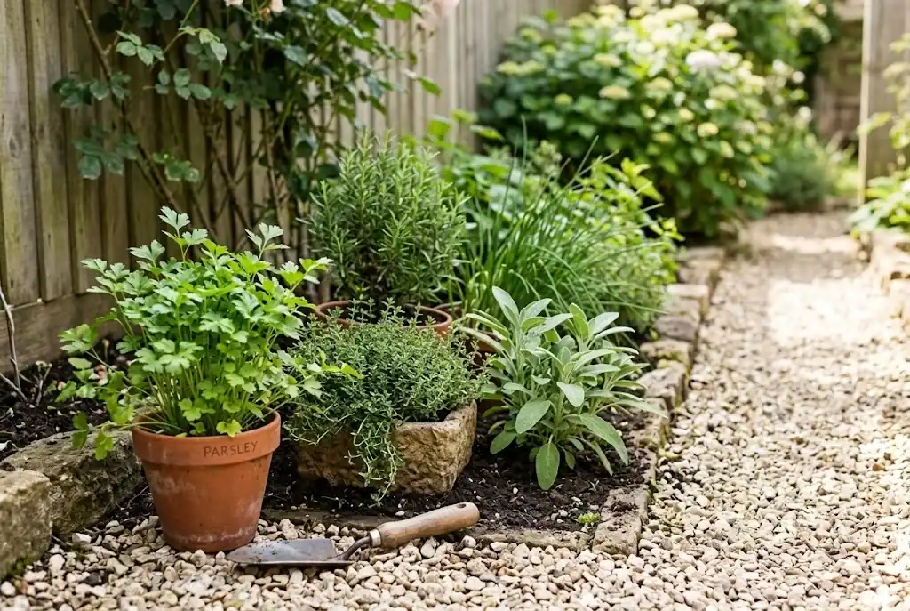 A small kitchen herb garden with parsley, thyme, and sage planted along a narrow gravel path beside a fence
