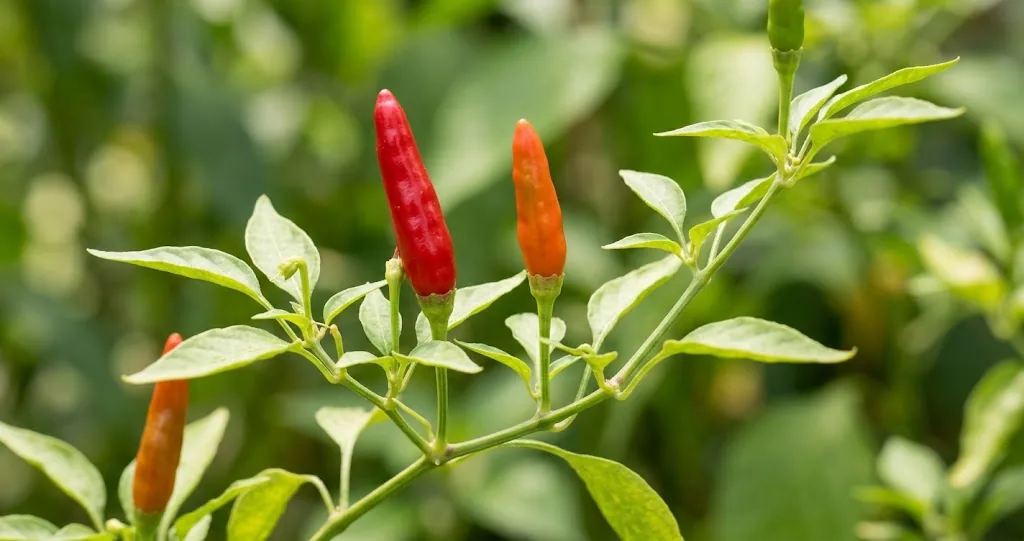 Two ripe red piri-piri pods pointing upward on a slender green Capsicum frutescens stem with small leaves