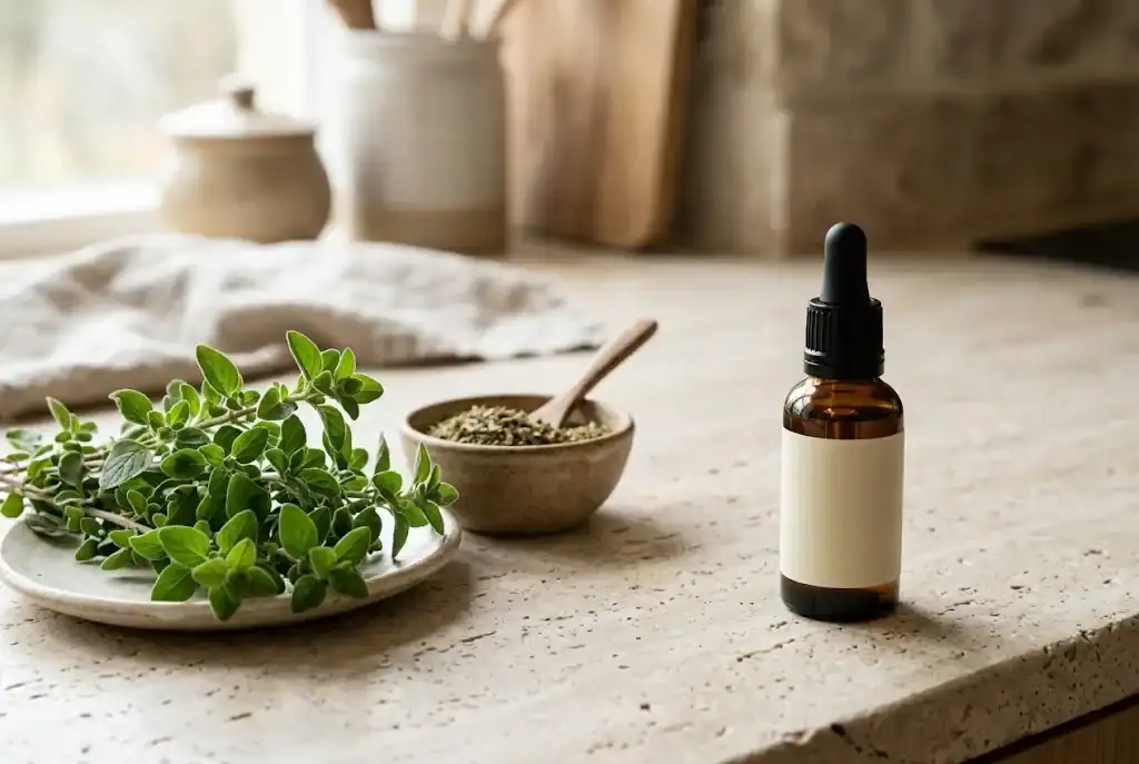 A labeled oregano oil bottle standing beside culinary oregano leaves, shown as separate products on a clean counter