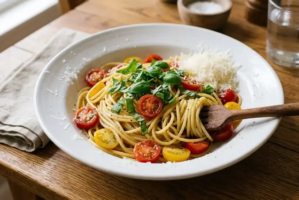 A white bowl of spaghetti tossed with cherry tomatoes, torn basil leaves, and grated parmesan