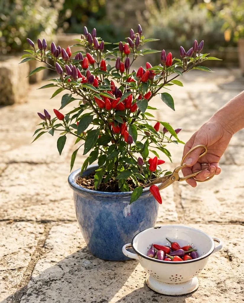 A hand with brass garden snips cutting one ripe red pod from a mature ornamental Capsicum annuum plant in a glazed blue ceramic pot on a sunlit stone patio, the snipped pod dropping into a small white enamel colander