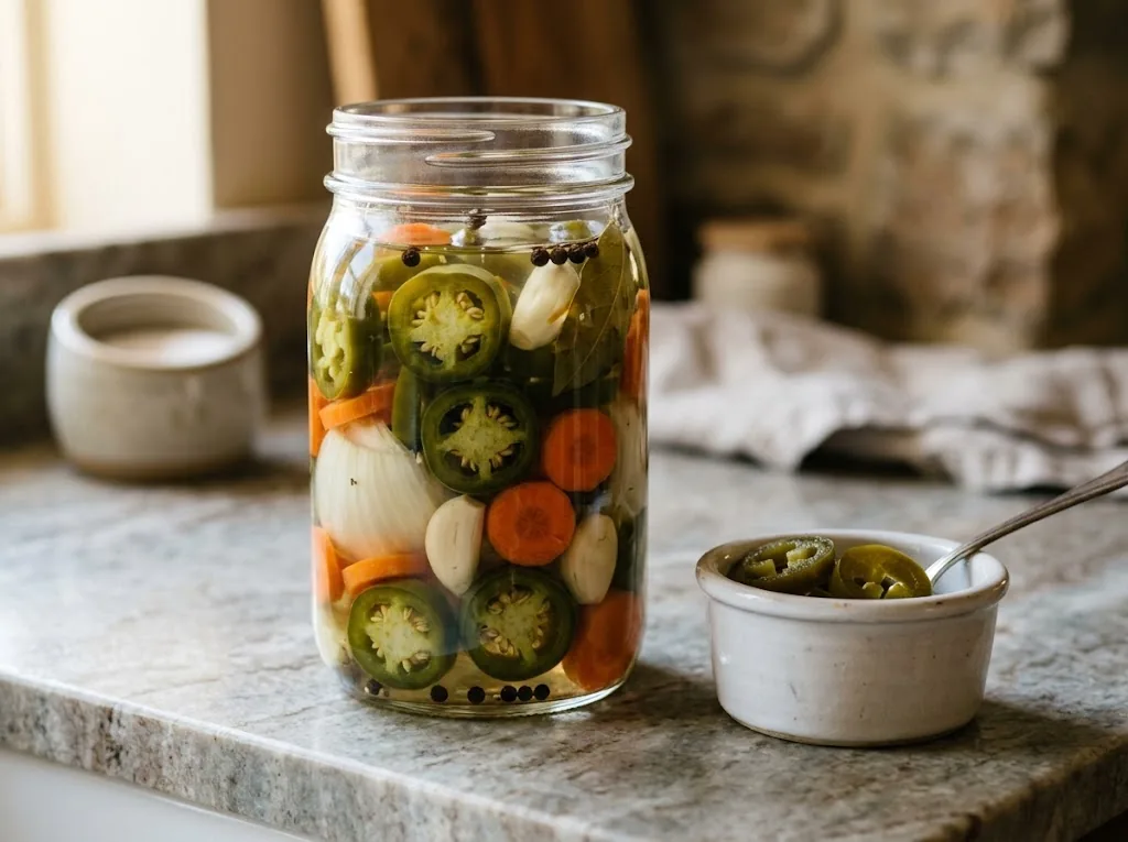 Glass jar of traditional pickled jalapeño rings with carrots and onions in brine