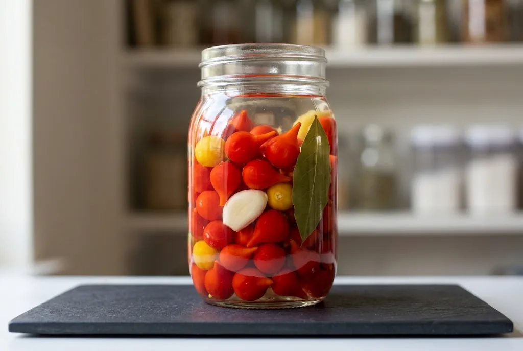 Glass jar of whole pickled biquinho peppers in vinegar brine with garlic