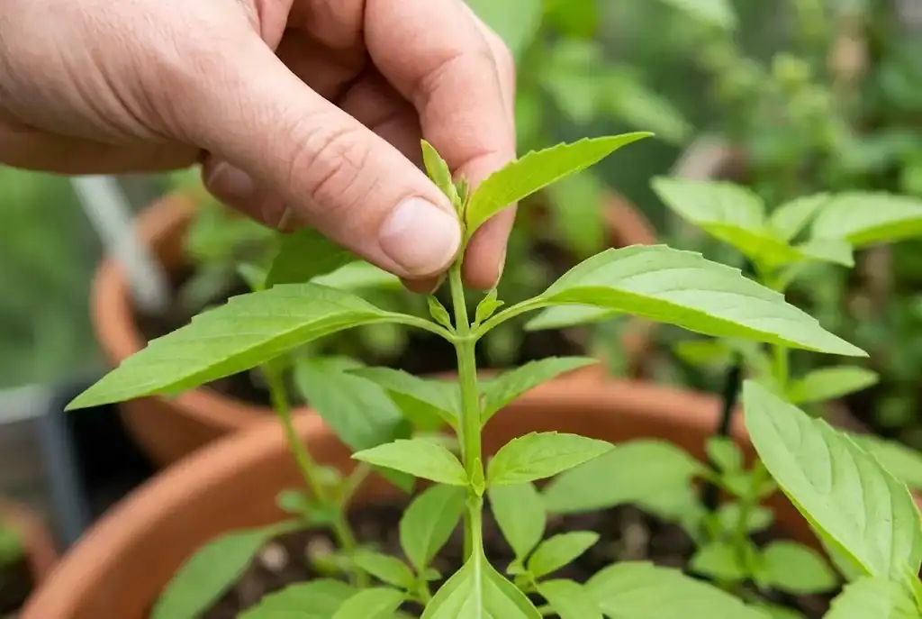 Close-up of gardener fingers pinching the top center growing tip of a lemon basil plant above a leaf node