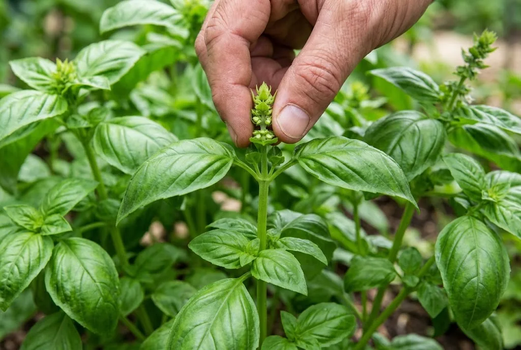 Pinching an emerging flower bud from a sweet basil stem tip