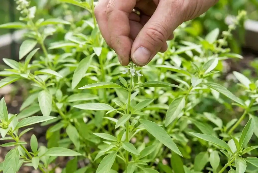 Fingers gently pinching off an emerging flower spike from a lemon basil plant