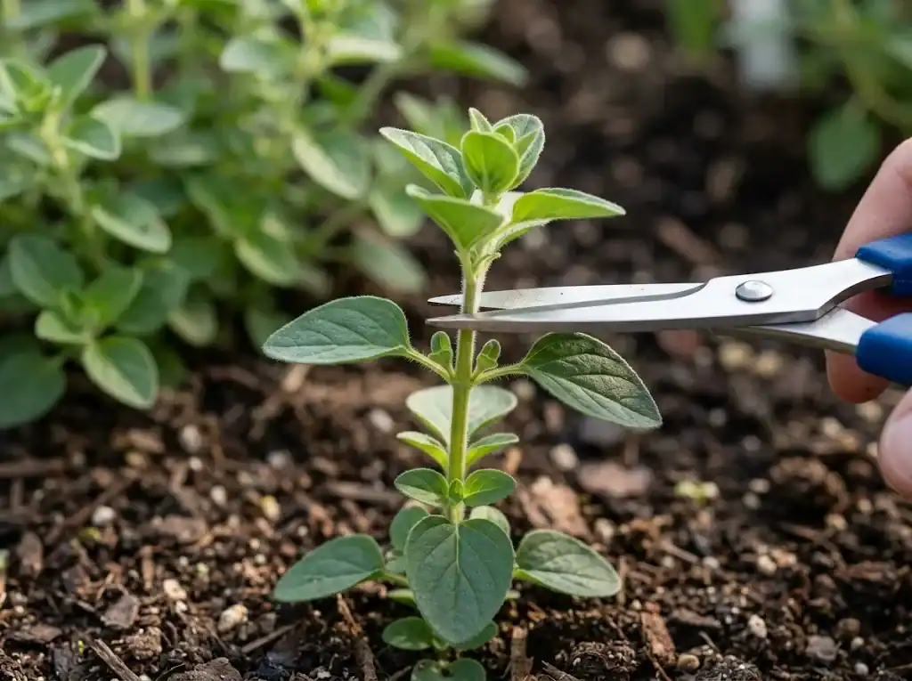 Garden snips pinching the apical growing tip of a young oregano plant