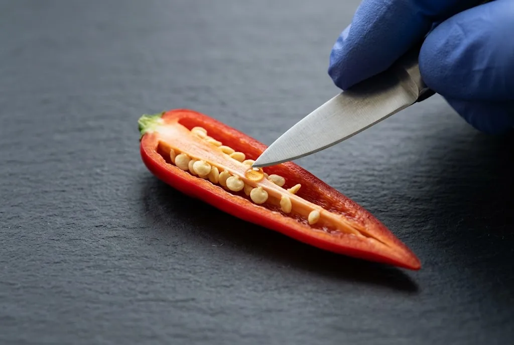 Gloved hand with paring knife pointing at the white placental ridge inside a halved ripe red Tabasco pepper on dark slate