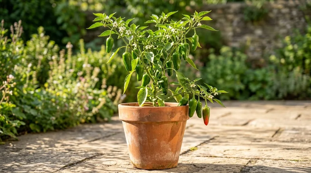 A bushy mature Padron pepper plant in a 5-gallon terracotta pot on a sunlit stone patio with small glossy green pods hanging from the branches