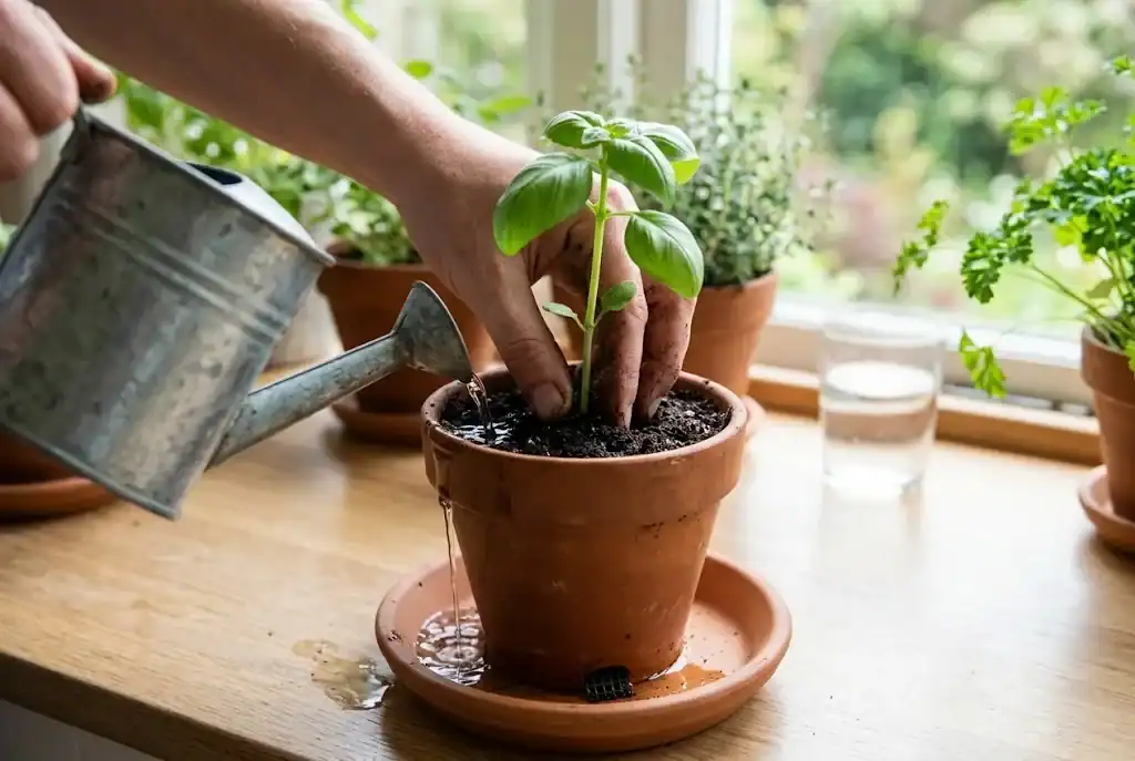 Hand firming fresh potting mix around a sweet basil seedling in a terracotta pot while watering in
