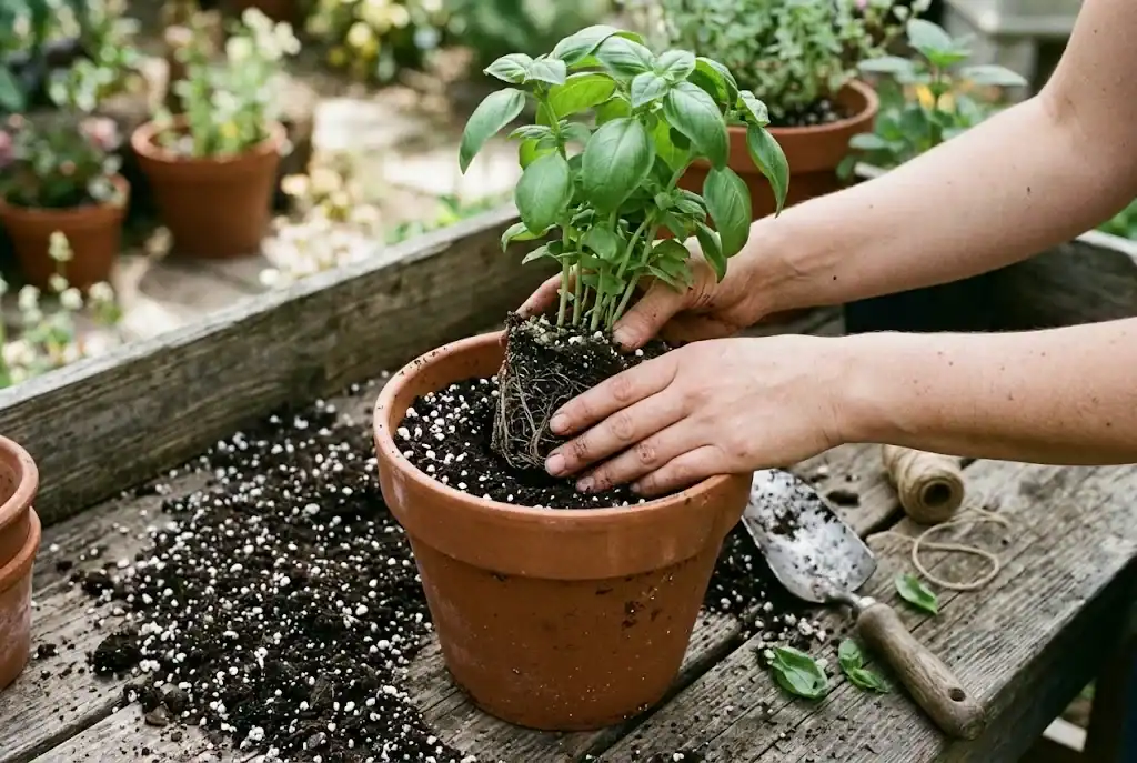Hands setting a young basil plant into well-drained growing medium in a terracotta pot