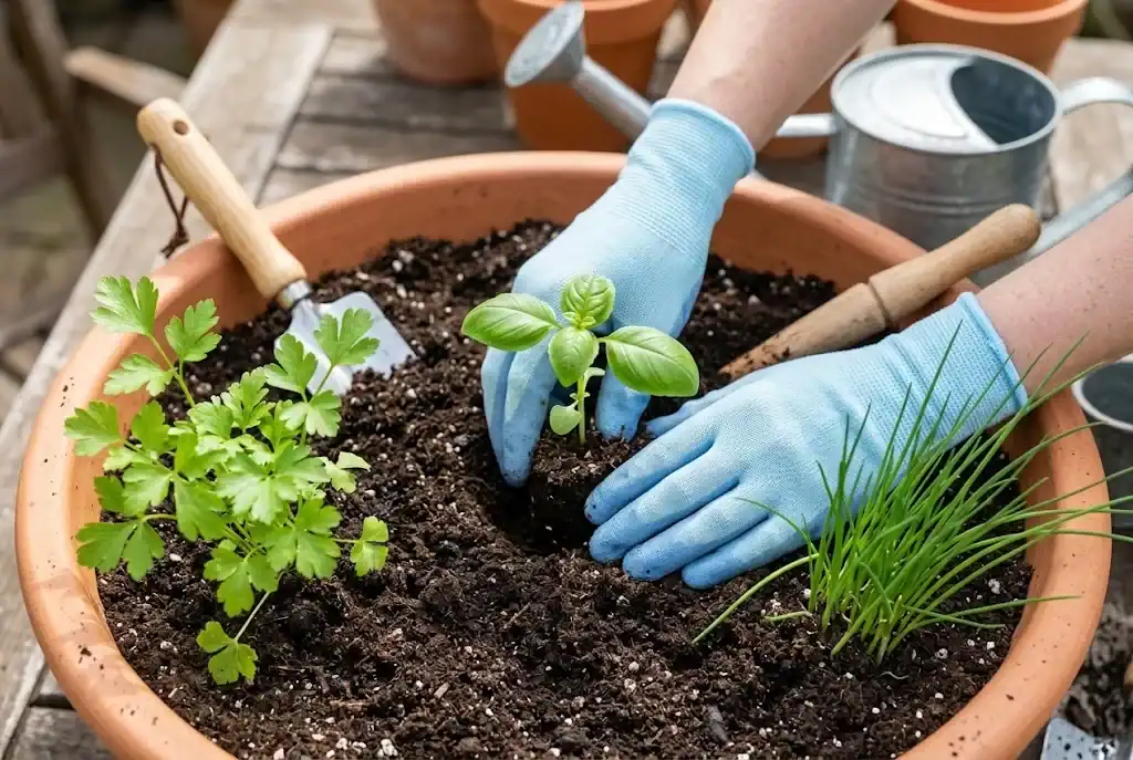 Hands with simple gardening gloves setting a young basil seedling into loose potting mix in a clay pot