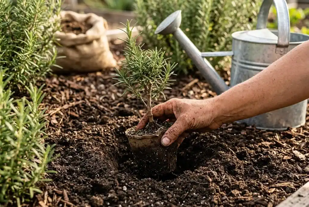Gardener's hand setting a young rosemary start from a peat pot into a prepared hole in a sunny bed