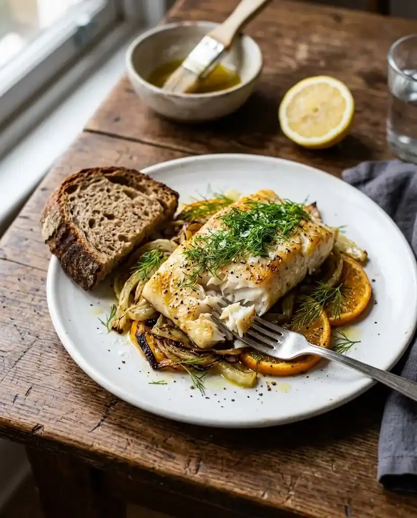 A serving plate of roasted cod on caramelized fennel and orange slices with bright green fronds scattered on top