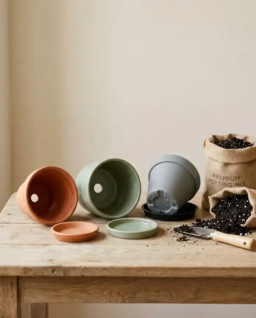 Three empty herb pots with visible drainage holes beside an open bag of fresh potting mix