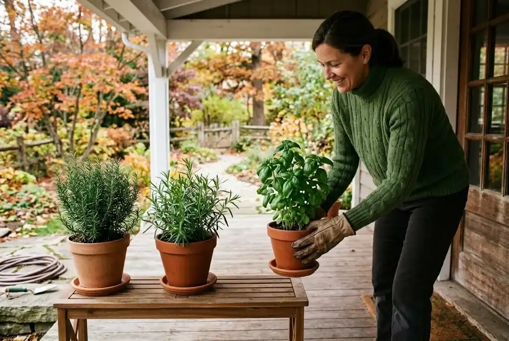 Three terracotta pots of basil, tarragon, and rosemary on a covered porch, being moved inside before the first hard frost