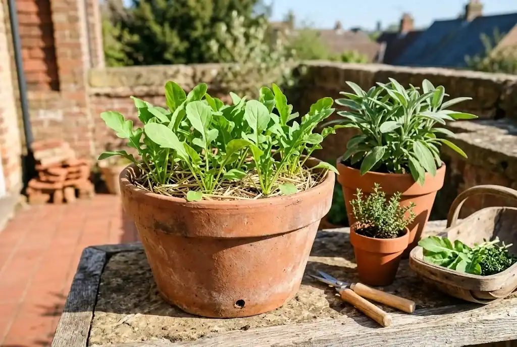 A terracotta pot of rocket Eruca sativa on a sunny balcony with bright green rounded leaves about ten centimetres tall, a thin straw mulch, and small sage and thyme pots beside it