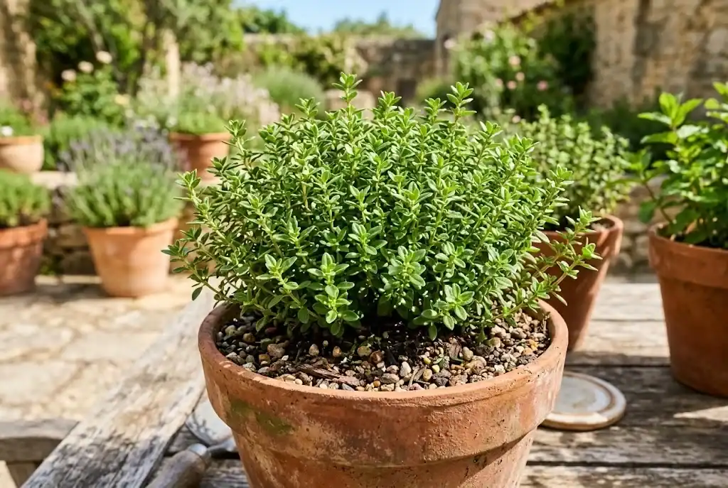 Healthy lemon thyme plant thriving in an unglazed terracotta pot on a sunny patio