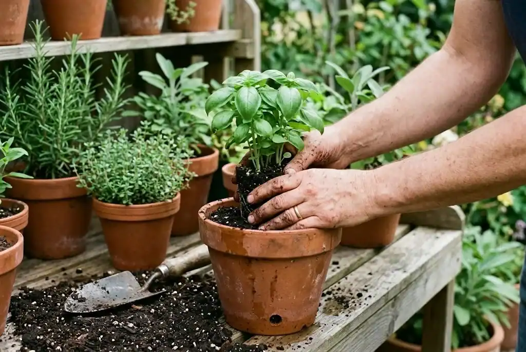 Hands planting a basil seedling in a terracotta pot with drainage