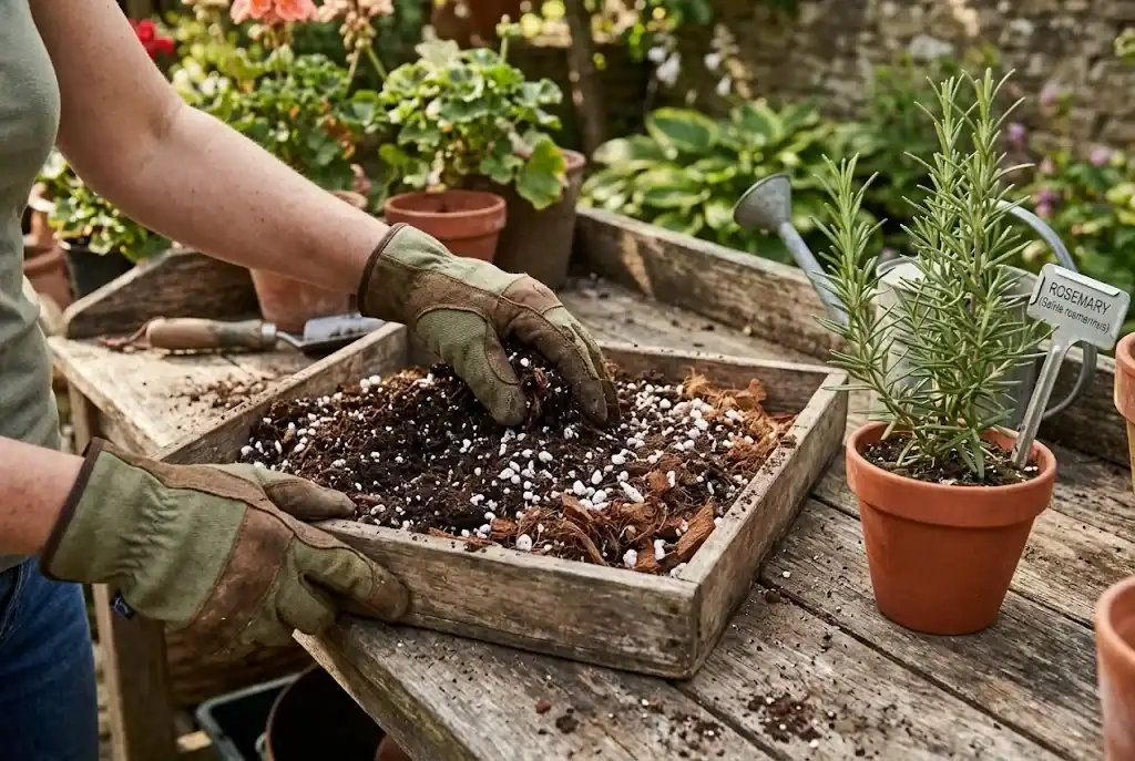 Gardener blending dark compost, perlite, and coconut coir in a shallow tub beside a young potted rosemary plant
