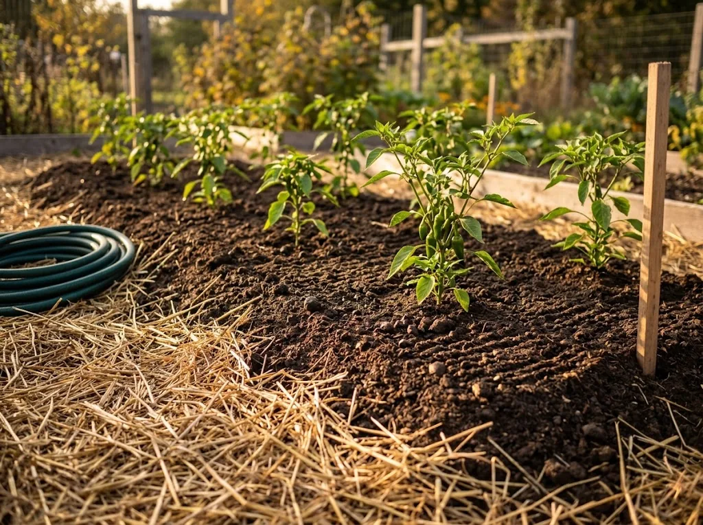 Freshly prepared chili pepper garden bed in early autumn with dark compost-amended soil, half-spread straw mulch and young transplants