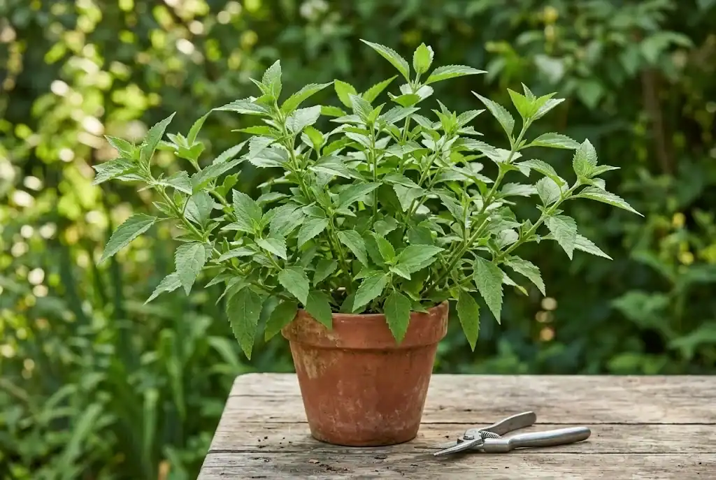 Bushy potted Calea zacatechichi plant displaying healthy branching stems and vibrant green foliage
